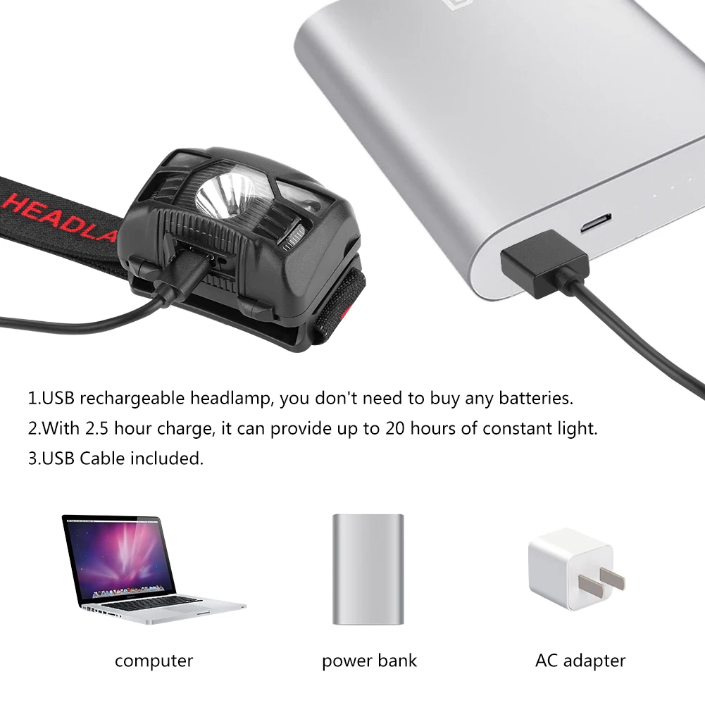 Мини ИК датчик фара водонепроницаемый 5 режимов индукция USB налобный фонарь