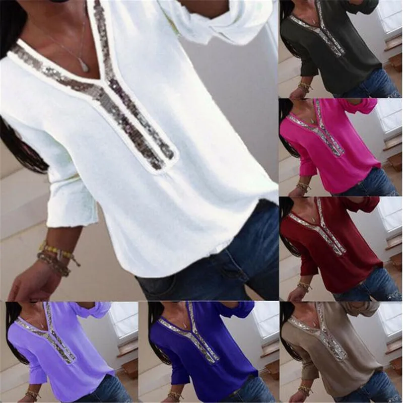 2019 Loose Sequin Top Shirts Glitter Sequins Tunic Shirt Autumn Women Fashion V Neck Pullover Tops Plus Size Fashion Casual 2019 Loose Sequin Top Shirts Glitter Sequins Tunic Shirt Autumn Women Fashion V Neck Pullover Tops Plus Size Fashion Casual