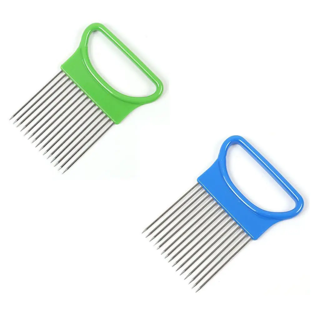 

Tomato Onion Vegetables Slicer Cutting Aid Holder Guide Slicing Cutter Safe Fork blue green