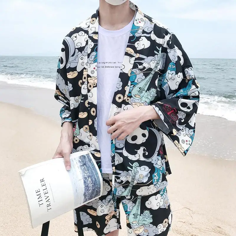 

Japanese Kimono Shirts Pants Sets Chinese Panda Printed Mens Casual Suit Camisa Beachwear Streetwear Hawaii Blouse Shorts Set