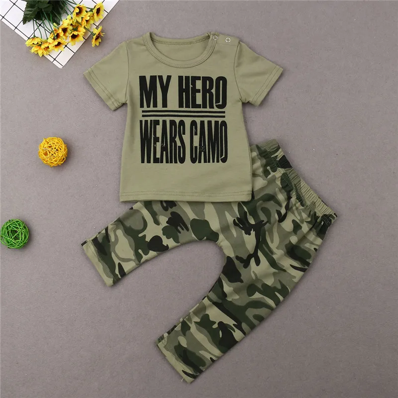 

Infant Baby Boy Girl Clothes Sets Short Sleeve Letter T-shirt Tops+Camo Long Pants Newborn Fashion Boy 2Pcs Outfit Toddler 0-24M