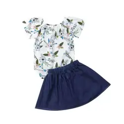 Одежда из 2 предметов для новорожденных девочек, одежда с цветочным рисунком, верхний комбинезон + джинсовые юбки, платье, наряды