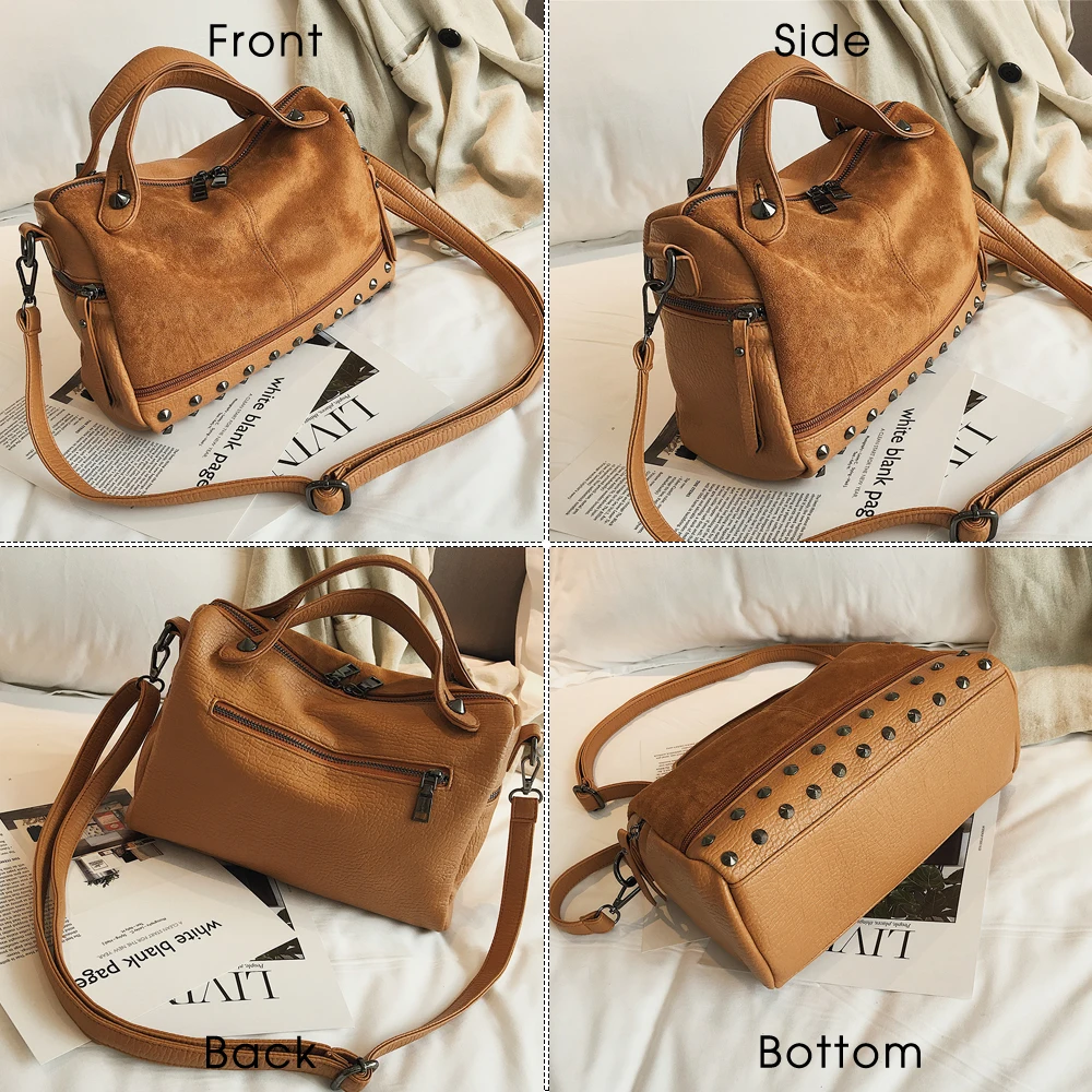 Herald Fashion Large Quality Leather Female Shoulder Bag New Women Top-handle Bags with Rivets Vintage Motorcycle Tote Bags Sac