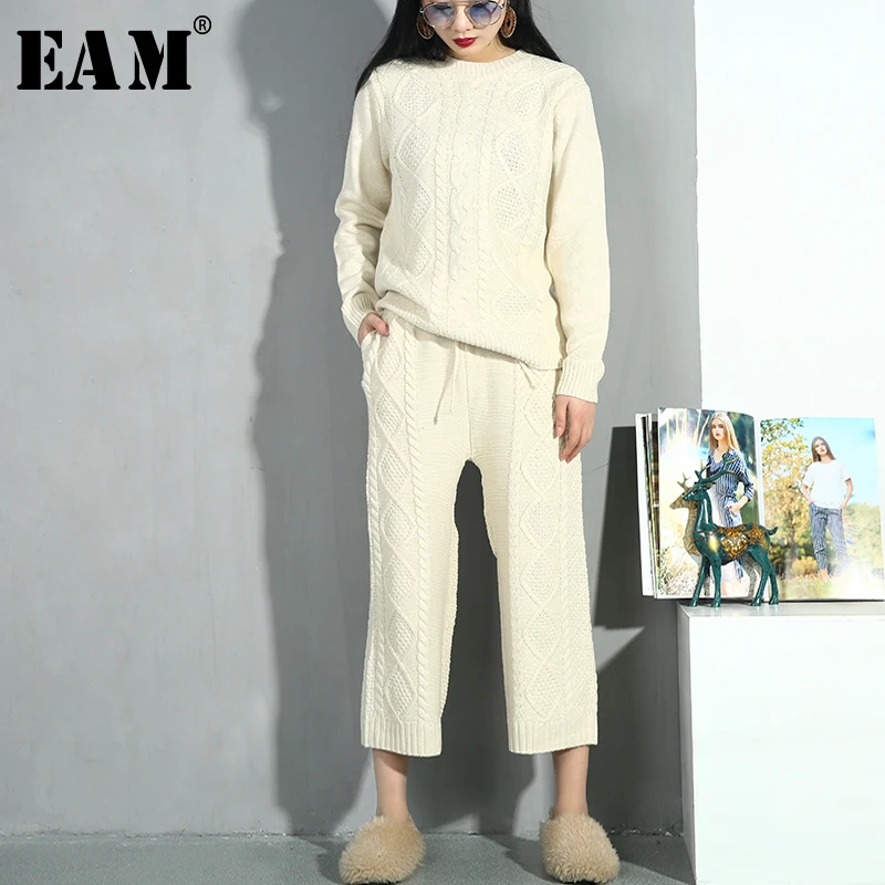 

[EAM] 2019 New Spring Round Neck Long Sleeve Beige Knitting Loose Wide Leg Pants Two Piece Suit Women Fashion Tide AS11
