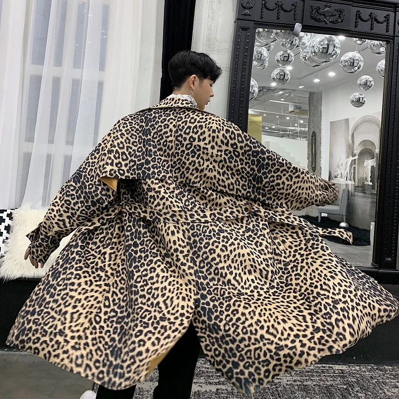

2018 Coat Men High-end Leopard Print Long Ribbon Male Gabardina Hombre Windbreaker Kaban Erkek Trench Coat Men Abrigo Hombre