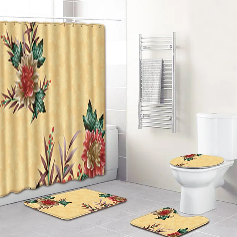 

Floral Printing African Shower Curtain 3D Bath Mats Bathroom Curtain 4pcs Toilet Rugs Set Non-slip Carpet for Home Decor Blanket