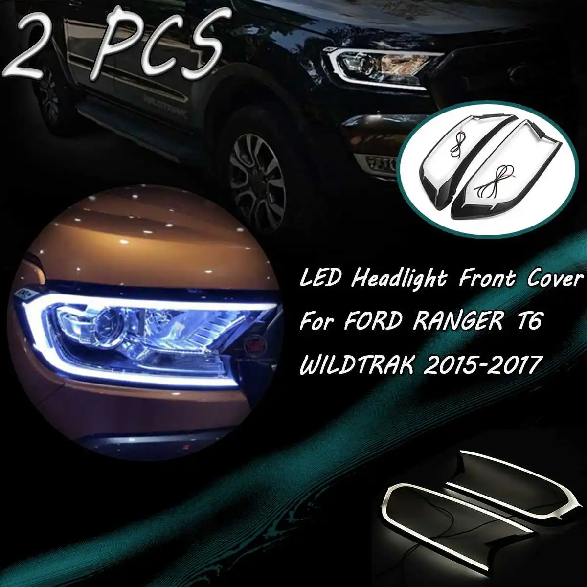 

2pcs Matte Black LED Head Light Front Shell Cover Trim For FORD RANGER T6 WILDTRAK 15-17 ABS Lamp Hoods