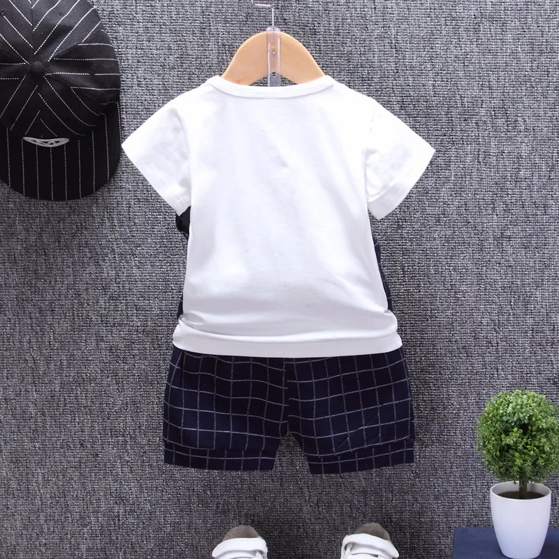 Children Tracksuits Baby Boys Girls Short T-shirt Shorts 2Pcs/sets Summer Kids gentleman Tie Plaid Bowknot Pure Cotton Clothes