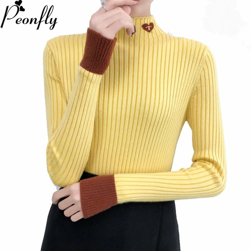 

PEONFLY Jumper Women Turtleneck Solid Korean New Fashion High Elastic Slim Sweaters Long Sleeve Female Pullovers Tops Knitting