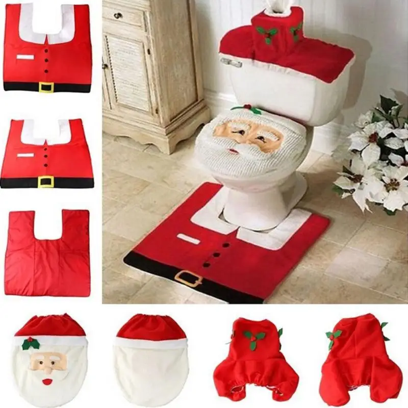

3Pcs/set Xmas Toilet Seat Set Bathroom Set Santa Claus Snowman Funny Rug Water Tank Cover New Year Christmas Decoration