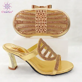 

2019 Golden Color Italian Shoe and Bag Set Women African Party Shoes and Bag Nigerian Shoes with Matching Bags Party Shoes