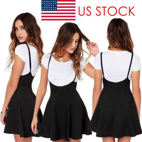 Women Mini Suspender Skater Skirt High Waisted Pleated Adjustable Strap