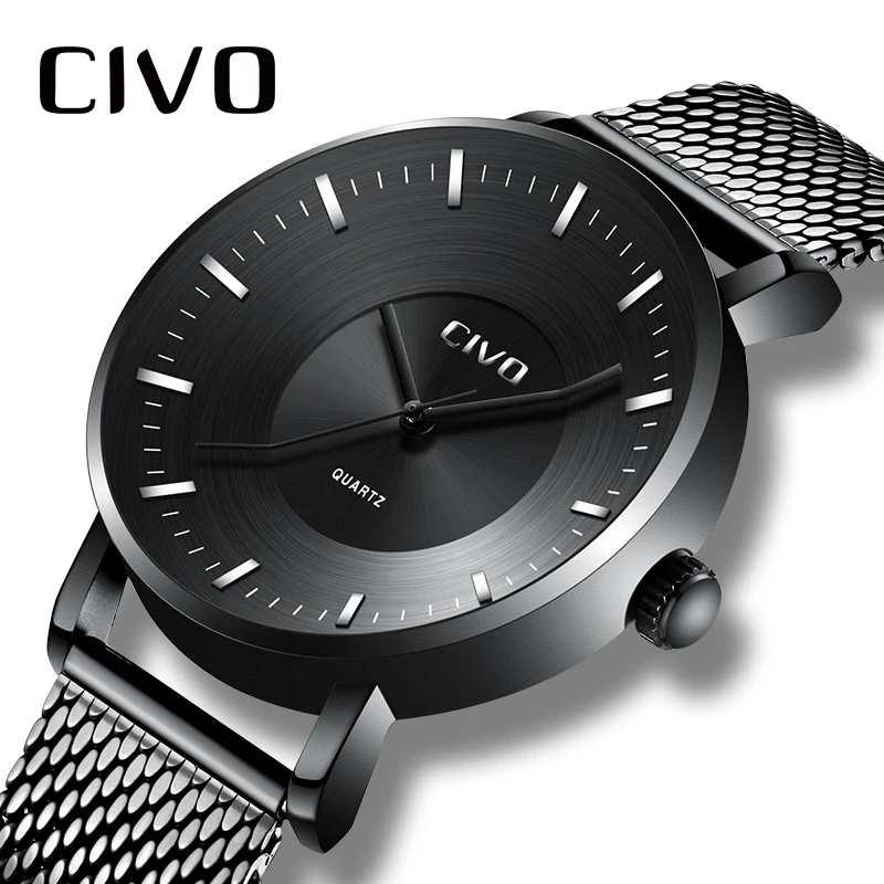 

CIVO Creative Curved Mens Watch Simple Design Analogue Quartz Watch For Men Clock Waterproof Black Mesh Wristwatches relogio