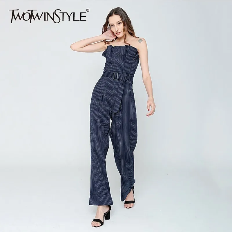 

TWOTWINSTYLE Off Shoulder Striped Jumpsuits For Women Strapless High Waist Wide Leg Pants Female Plus Size 2019 Spring Fashion