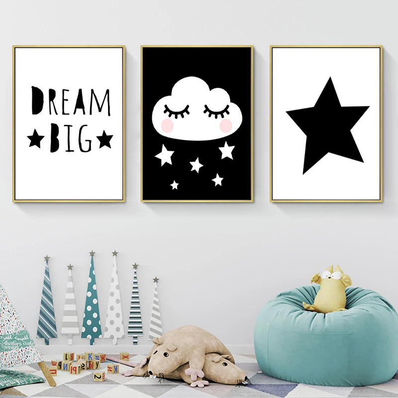 Dream Big Good Night Cloud Star холст художественный постер черно белый Принт для детской
