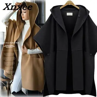 

Fashion women winter hooded batwing sleeves woolen coat outerwear cloak ponchos cape coats temperament cloak shawl coat female