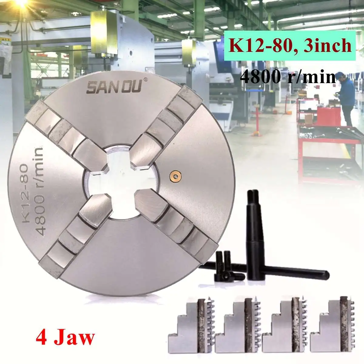 

K12-80 4 Jaw 80mm Lathe Chuck Self Centering CNC Milling Hardened Reversible