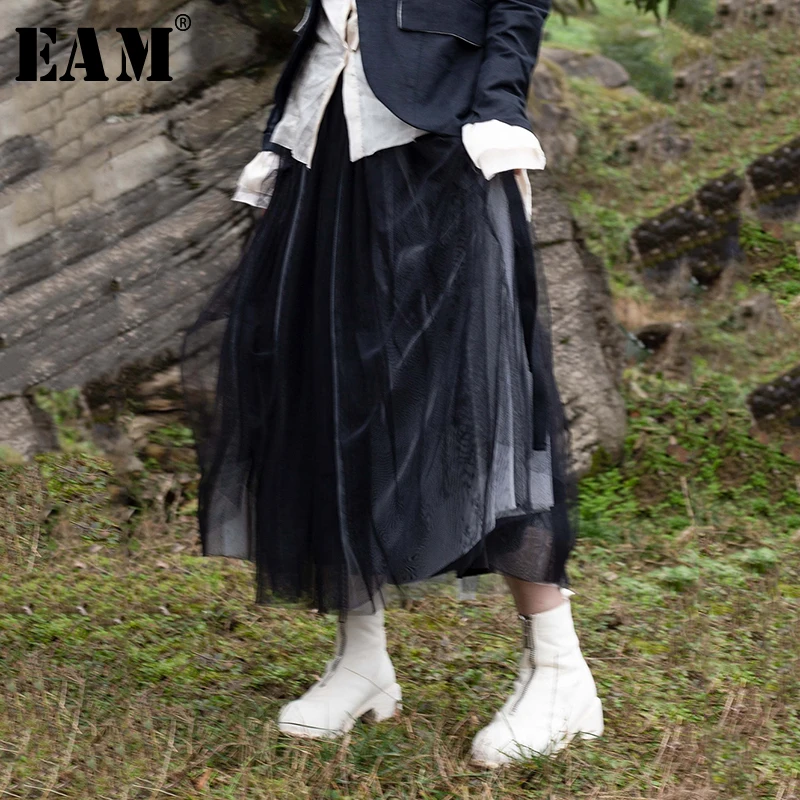 

[EAM] 2019 New Spring Summer High Elastic Waist Black Hit Color Mesh Double Layers Half-body Skirt Women Fashion Tide JR476