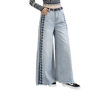 

Side Stripe Flower Embroidery Jeans woman Long Loose Wide Leg trouser Jeans For Women High Waist Boyfriend Jeans Mom Boho Denim