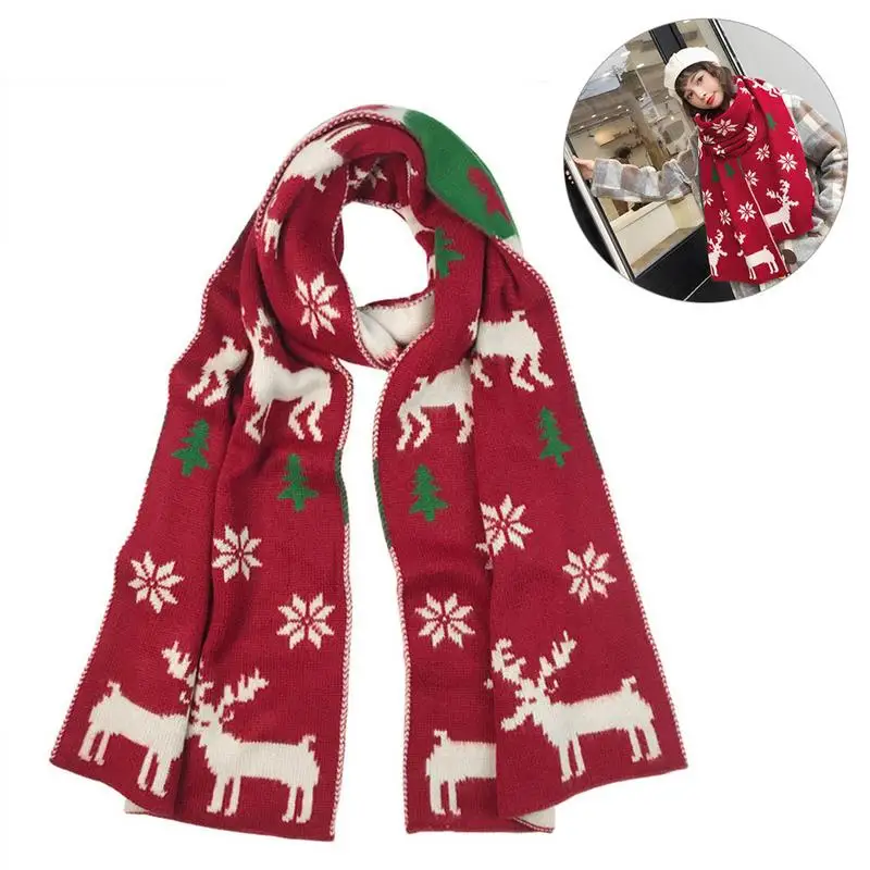 Для женщин Рождественский шарф для девочек Теплые Рождество олень дерево узор вязаная смесь шали шарф осень зима рождественский подарок