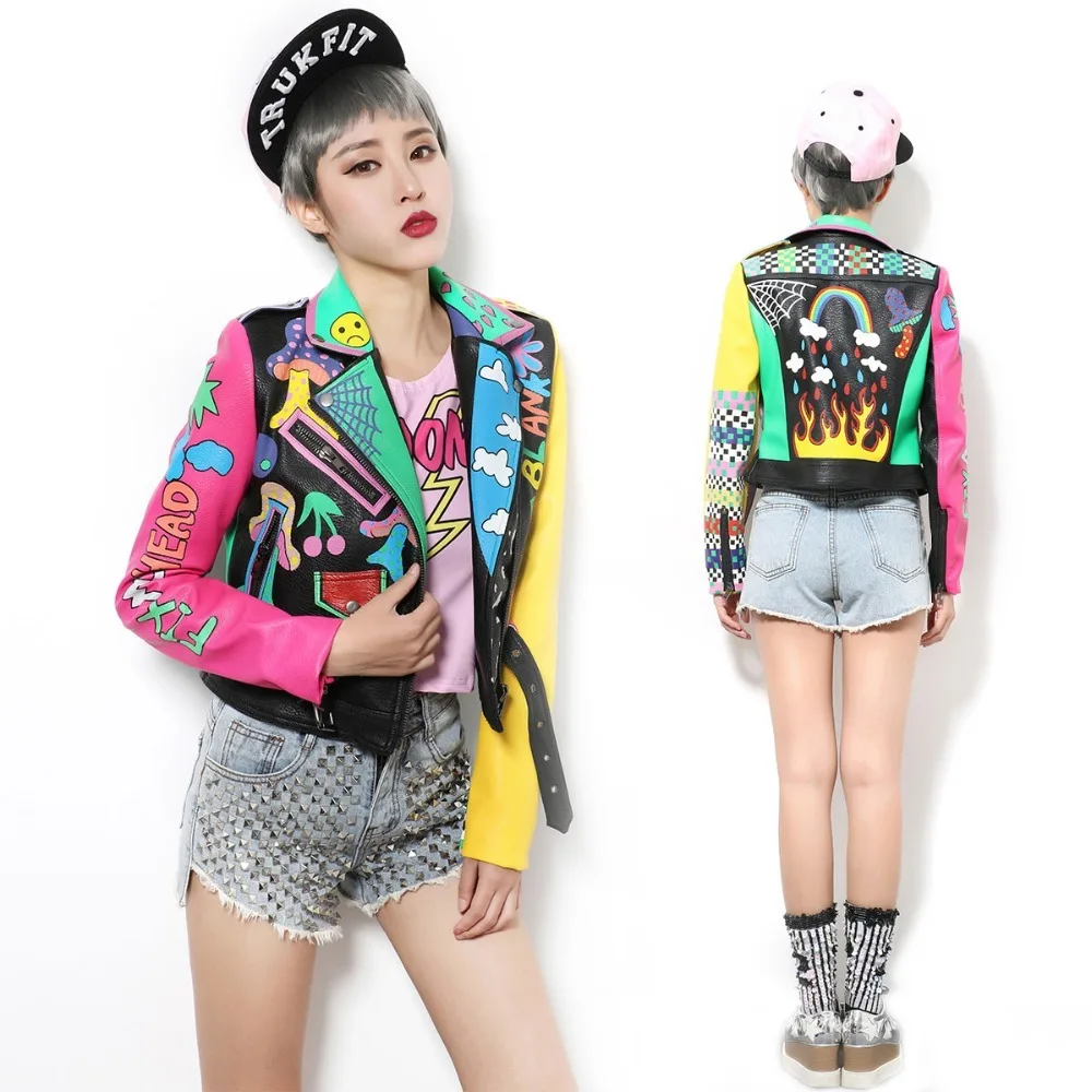 

New Women Graffiti PU Leather Jacket With A Belt And Zippers Female Motorcycle Short Hip Hop Leather Outwear