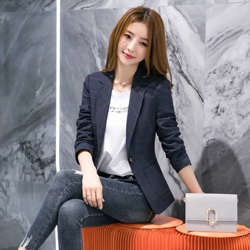 

PEONFLY Vintage Notched Collar Single Button Plaid Women Restro Blazer Pockets Jackets Office Lady Female Suits Coat Outwear