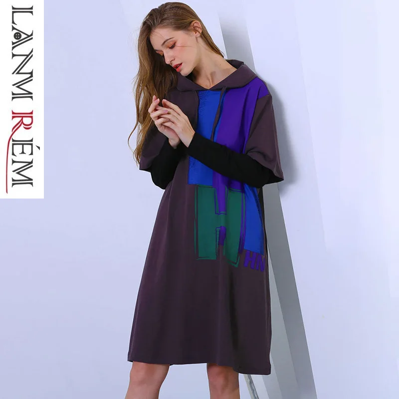 

LANMREM 2019 Large Size Printed Hoodies Sweatshirt Dresses For Women New Fashion Fake Two Pieces Female Long Sleeve Dress YG302