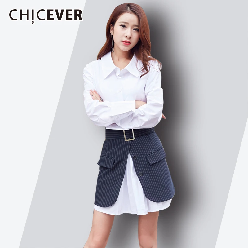

CHICEVER 2018 Spring Women's Shirt Blouse Tunic With Slim Pleated Striped Skirt White Plus Size Women Tops And Blouses Clothes
