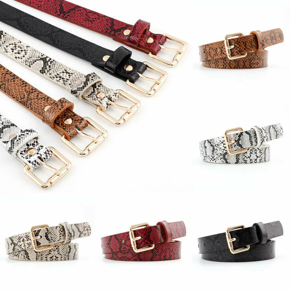 

Snake Skin Print Belts For Women Gold Square Pin Buckle Waistband PU Leather Belt Women Snake Pattern Dress Jeans Leather Belt