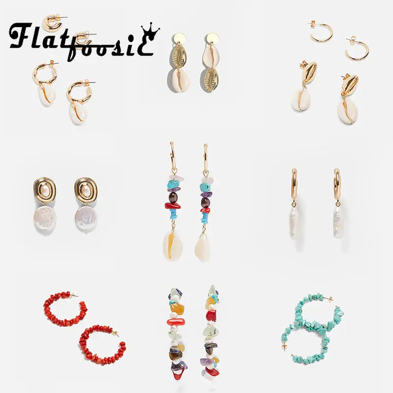 

Flatfoosie ZA New Stone Dangle Drop Earrings For Women Natural Shell Fashion Pearl Statement Earrings Simple Round Party Jewelry