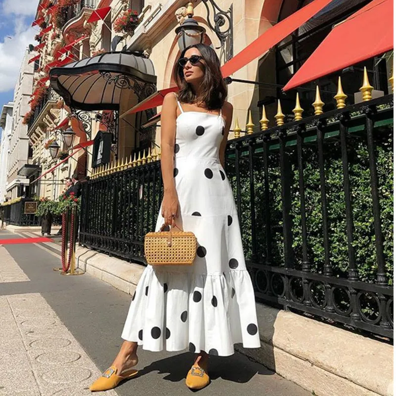 

2019 White Polka Dot Ruffle Dress Ladies Women Sexy Sling Spaghetti Strap Flare Long Dresses Summer Clothes GRNSHTS