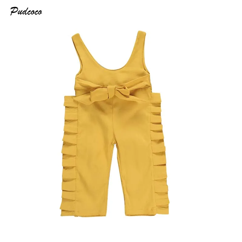 

2019 Kids Baby Girls Fashion Overalls Strap Romper New Spring Ruffle Side Bandage Solid Jumpsuit Long Pants Outfit Clothes 0-5Y