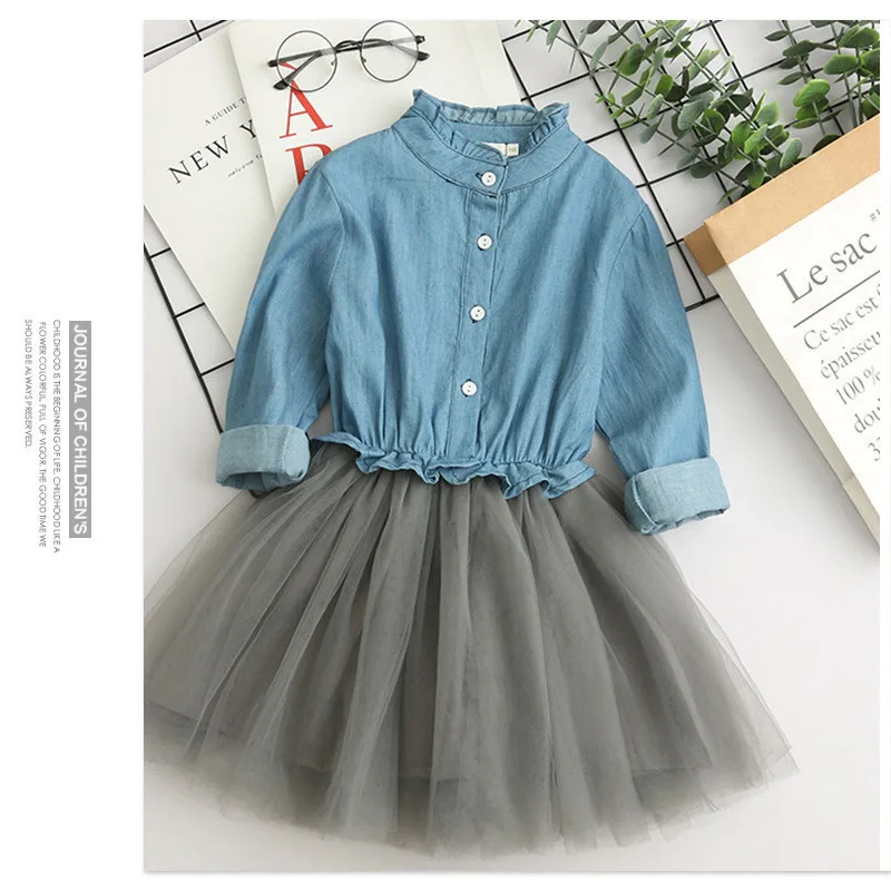New Spring Autumn Baby Girls Dress Denim Mesh Patchwork Princess Girl Dress Long Sleeve Toddler Kids Dresses For Girls