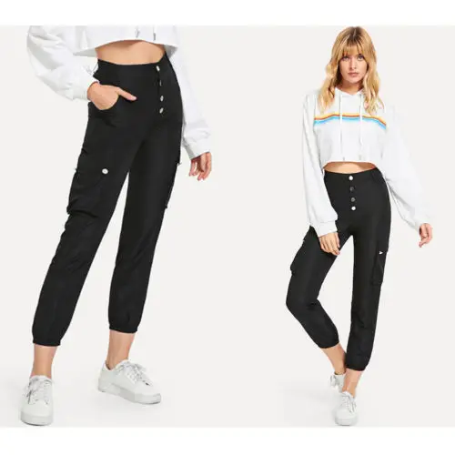 2019 Новая модная женская рабочая одежда брюки действие черные эластичные брюки кнопка инструмент девять брюк