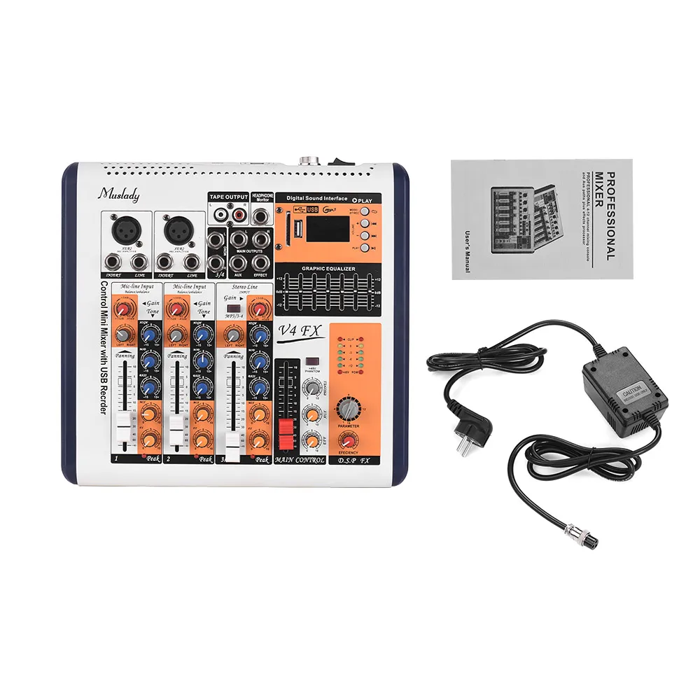

Muslady V4-FX 4-Channel Portable Mixing Console Mixer Built-in 16 DSP Effects +48V Phantom Power Supports BT Connection