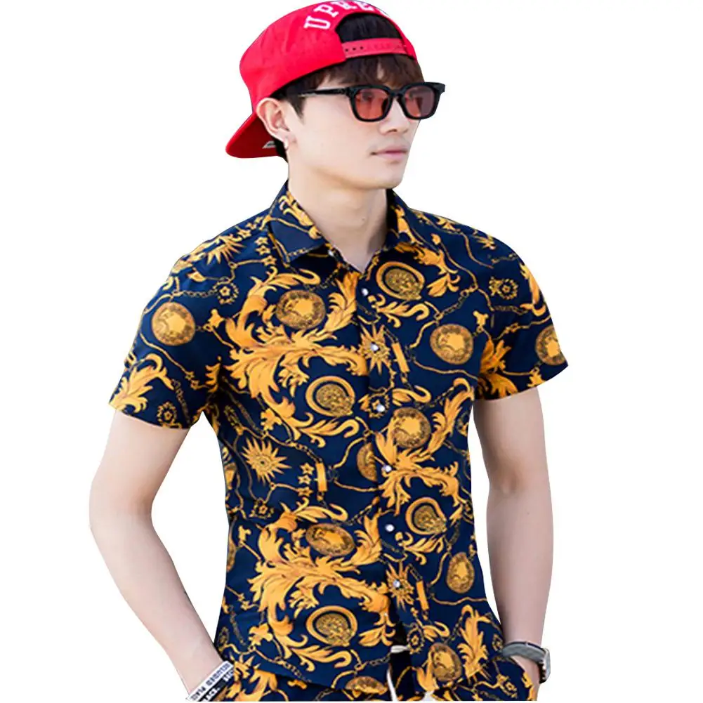 MISSKY Мужская рубашка Летний стиль с принтом пальмы пляжная Мужская гавайская рубашка Повседневная гавайская рубашка с короткими рукавами Chemise Homme Asian