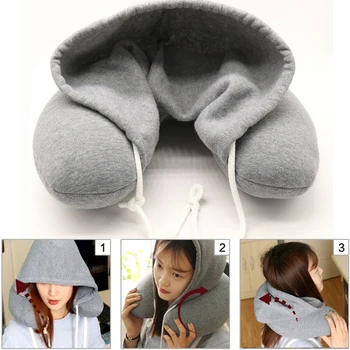 

Soft U Type Neck Pillow Hoodie Microfiber Neck Rest Pillow With Drawstring Travel Afternoon Nap