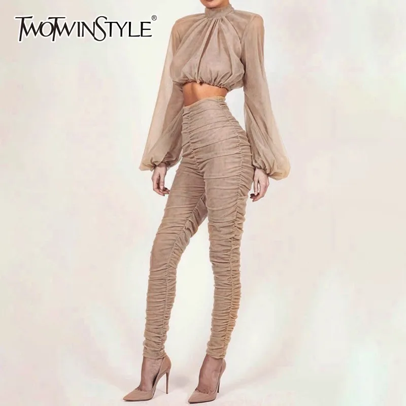 TWOTWINSTYLE Two Piece Sets Female Turtleneck Puff Long Sleeve Crop Tops High Waist Pencil Pants Womens Suits 2020 Spring New TWOTWINSTYLE Two Piece Sets Female Turtleneck Puff Long Sleeve Crop Tops High Waist Pencil Pants Womens Suits 2020 Spring New