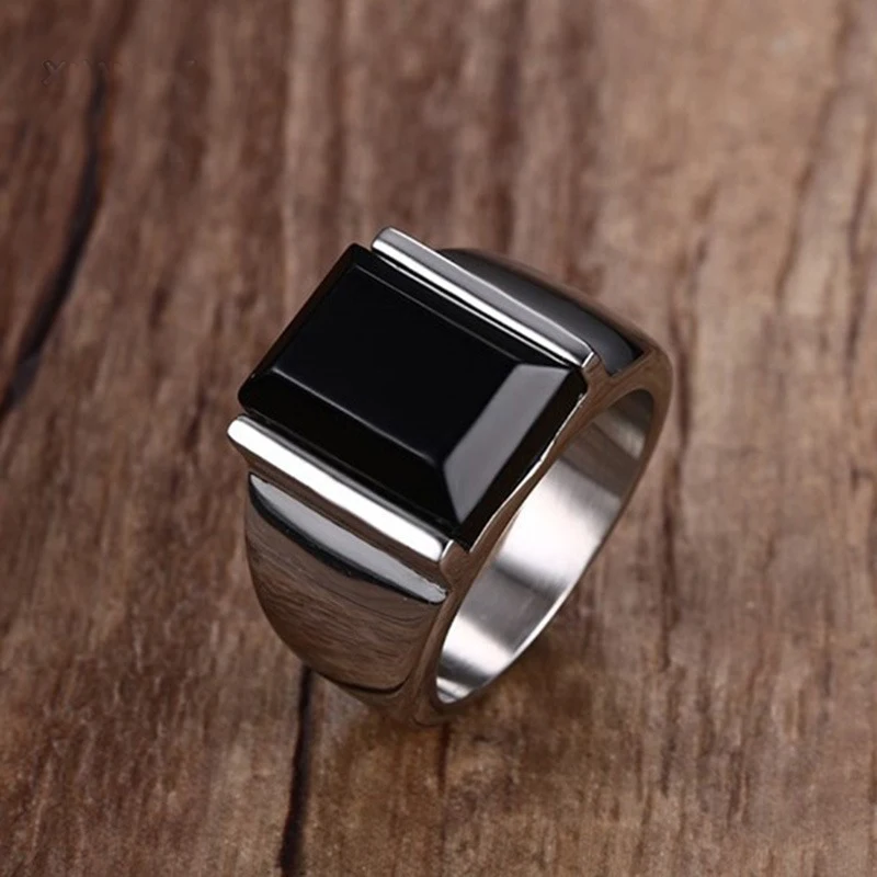 Mens Big Black Stone Ring Punk Gothic Rings for Male Stainless Steel Engagement Statement Jewelry US Size | Украшения и