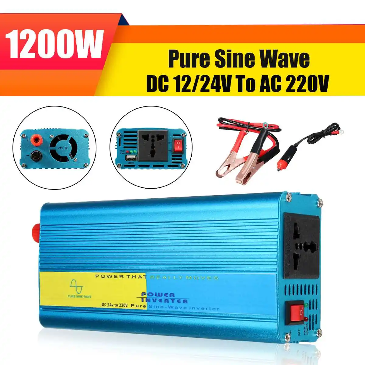 

P eak 1200W DC12/24V To AC 220V Pure Sine Wave Watt Power Inverter Car Caravan Camping USB Port Universal Intelligent Protection