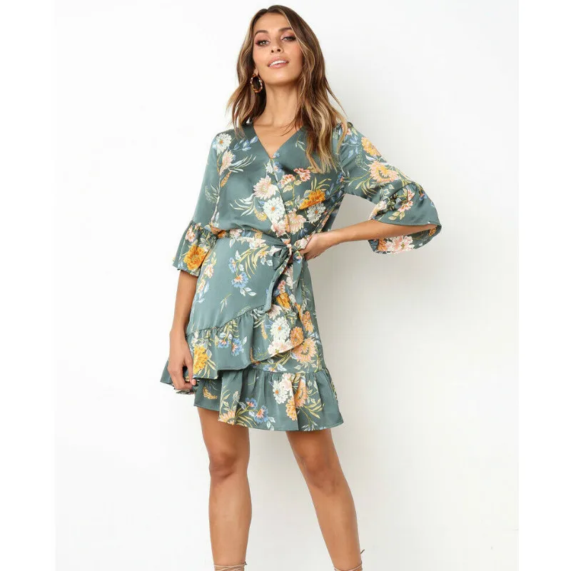 

Women Boho Wrap Mini Dress Zipper V Neck Floral Maxi Beach Dresses Sundress Boho robe longue femme dress 2019