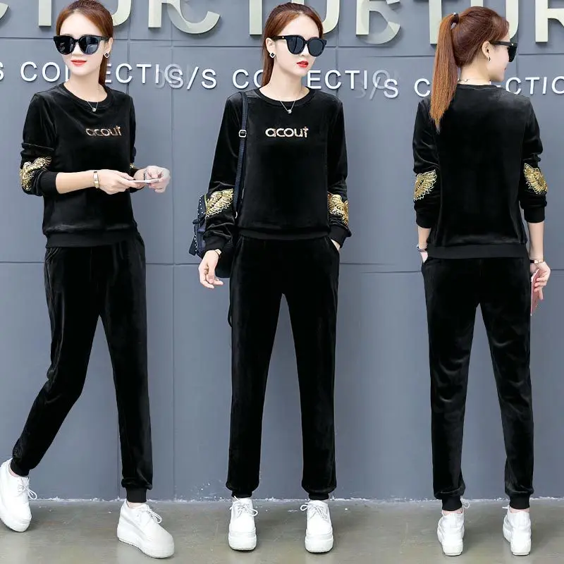 Najtaniej Damskie aktywne dresy hafty nadrukowane litery O Neck z długim rękawem w połowie zwężone jednokolorowe spodnie garnitury