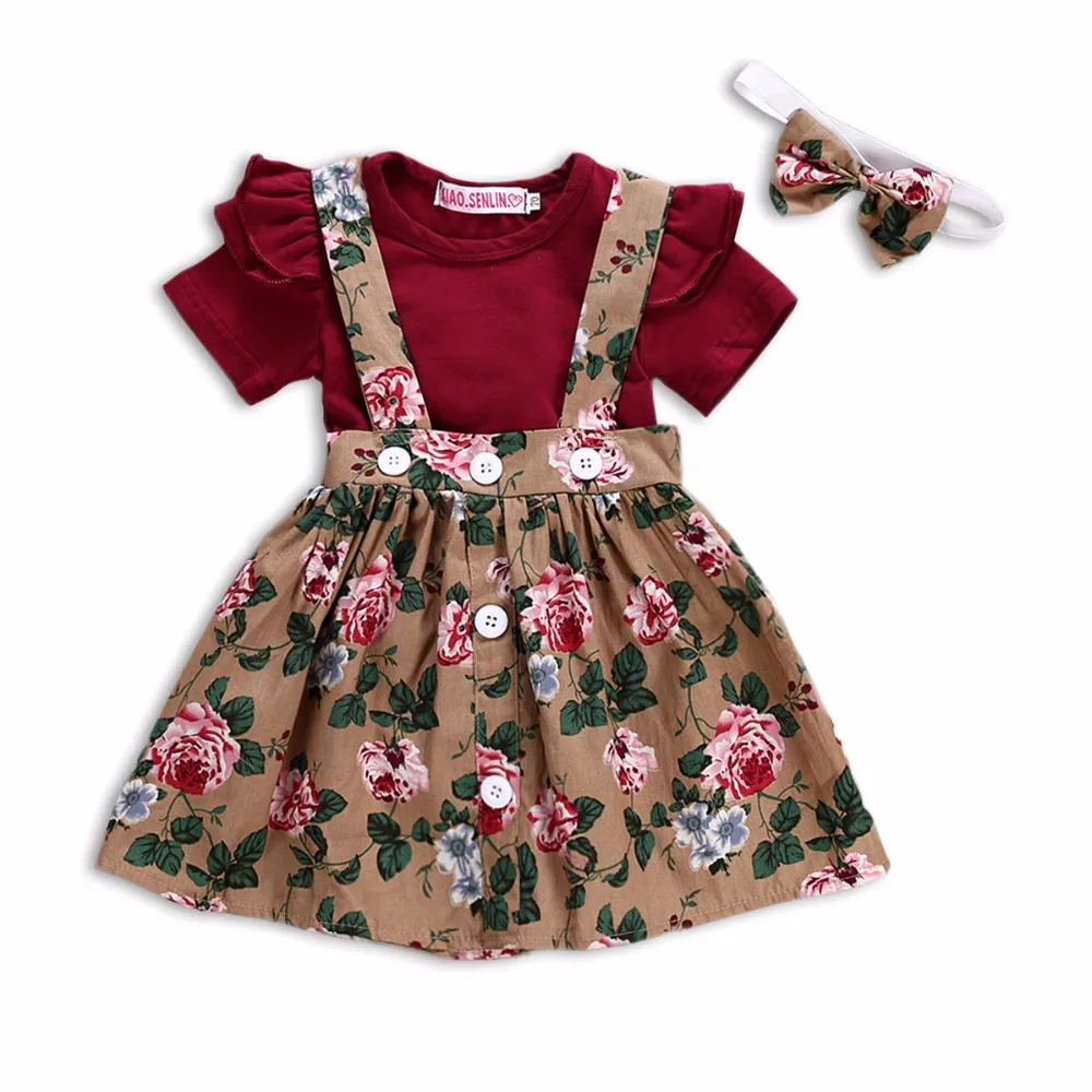 

Puseky 3PCS Infant BabyGirls Floral Short Fly Sleeve Romper Tops+Suspender Skirt Headband Toddler Kids Summer Outfit Set 0-24M