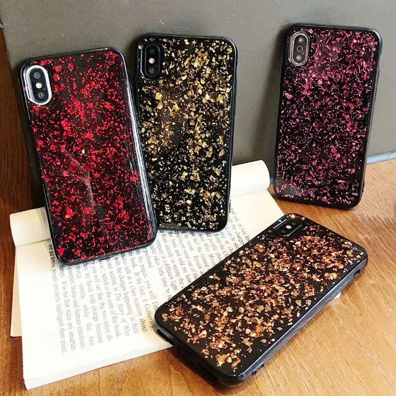 

Luxury Gold Foil Bling Phone Capa Case For iPhone 7 Silicone Glitter Cover For iPhone X XR XS MAX 6S 6 8 7 Plus Protective Shell