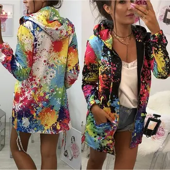 

Fashion Coat Women Autumn Winter Slim Outwear Long Coat Jacket Graffiti Print Hooded Casual Women Overcoat