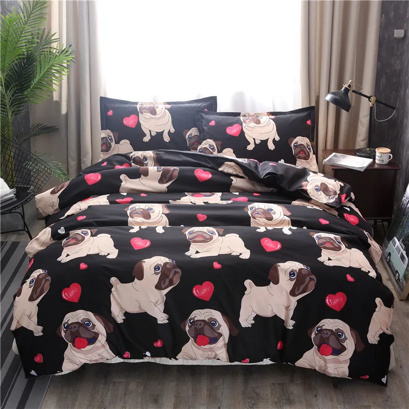 

Black Pug Printed Bedding Sets Heart Dog Duvet Cover Set 2/3pcs Bed Set Double Queen Quilt Cover Bed linen (No Sheet No Filling)