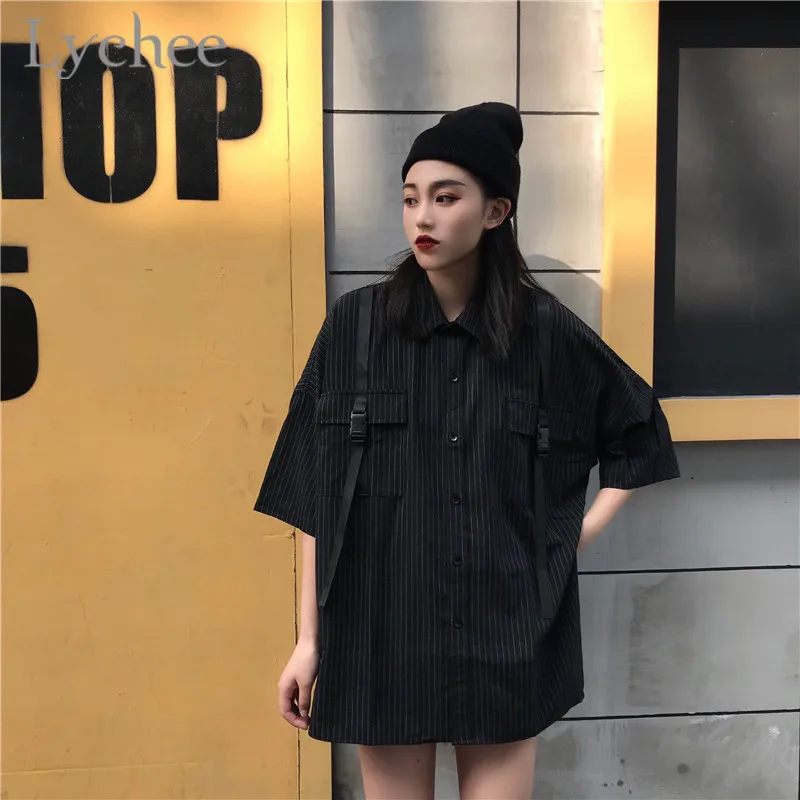 Lychee Harajuku/Женские блузки в полоску с черной лентой отложным воротником коротким