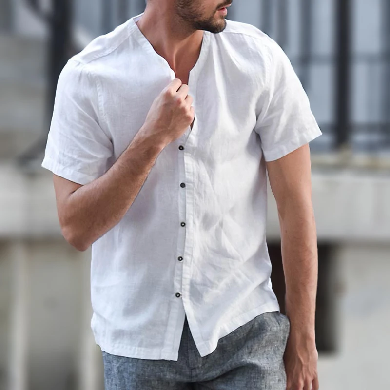 Summer Men Dress Shirt Cotton Linen V Neck Short Sleeve Casual Shirt ...