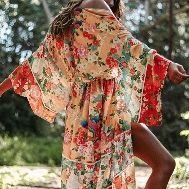 Богемное летнее пляжное платье с цветочным принтом, женская пляжная одежда, хлопковая туника, сексуальное открытое спереди платье-кимоно, парео