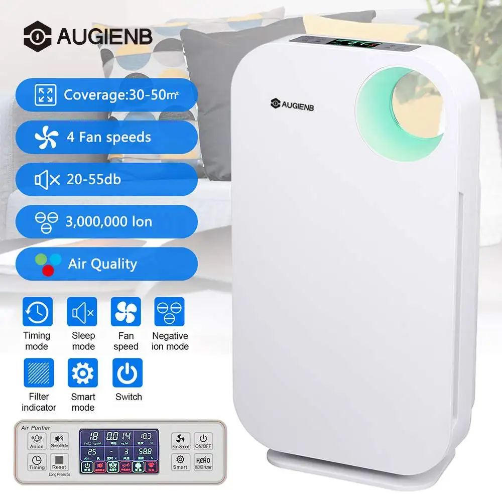 

AUGIENB Air Ionizer Purifier WIth HEPA Filter Remove Formaldehyde Dust Smoke Odor Cleaner Air Filter For Home Air Cleaner
